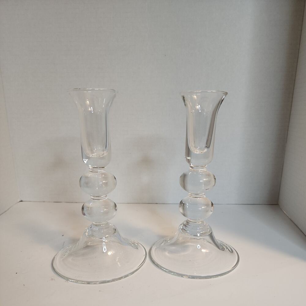 Industria Vetraria Valdarnese IVV, Clear Glass 7" Candlesticks, Italy Handblown
